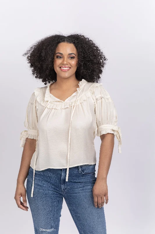 Stellah NYC Ruffle Trim Short Sleeve Blouse Ivory Versatile Layering Blouse