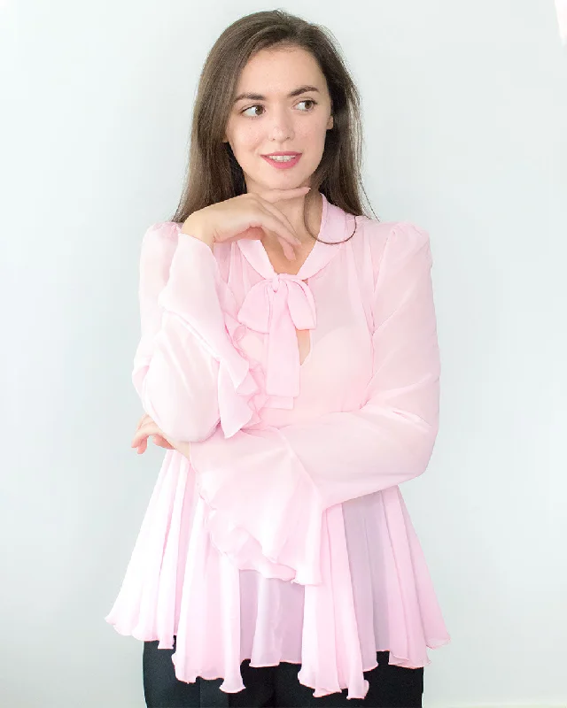 Clarissa Pink Chiffon Peplum Blouse with Pussy Bow Pastel Color Blouse