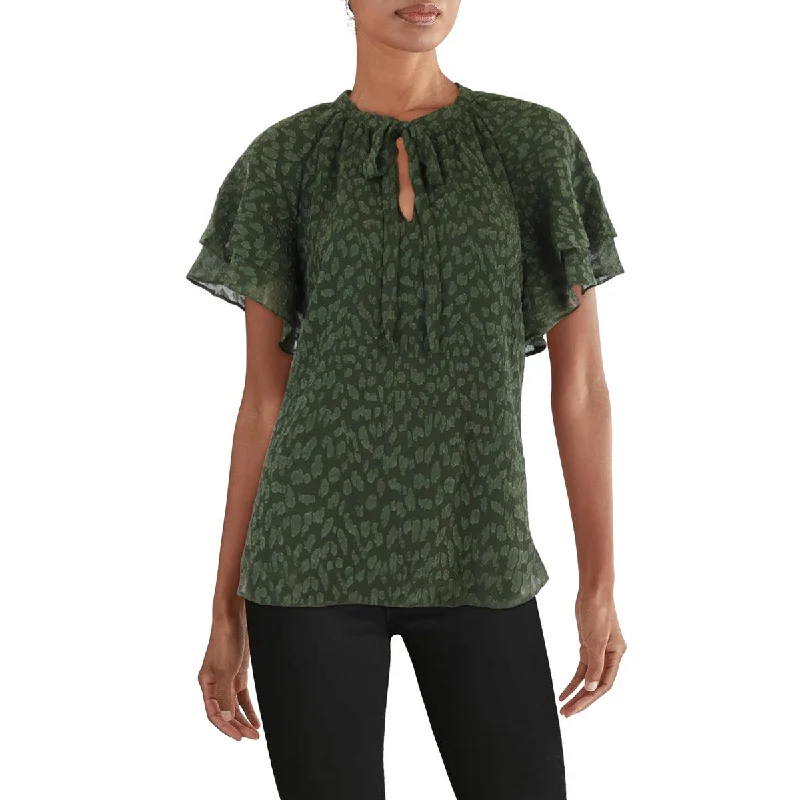 Womens Tie Neck Textured Blouse Embellished Collar Blouse