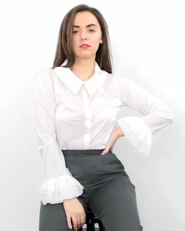 Tapio White Button-up Organic Cotton Blouse Sheer Mesh Blouse