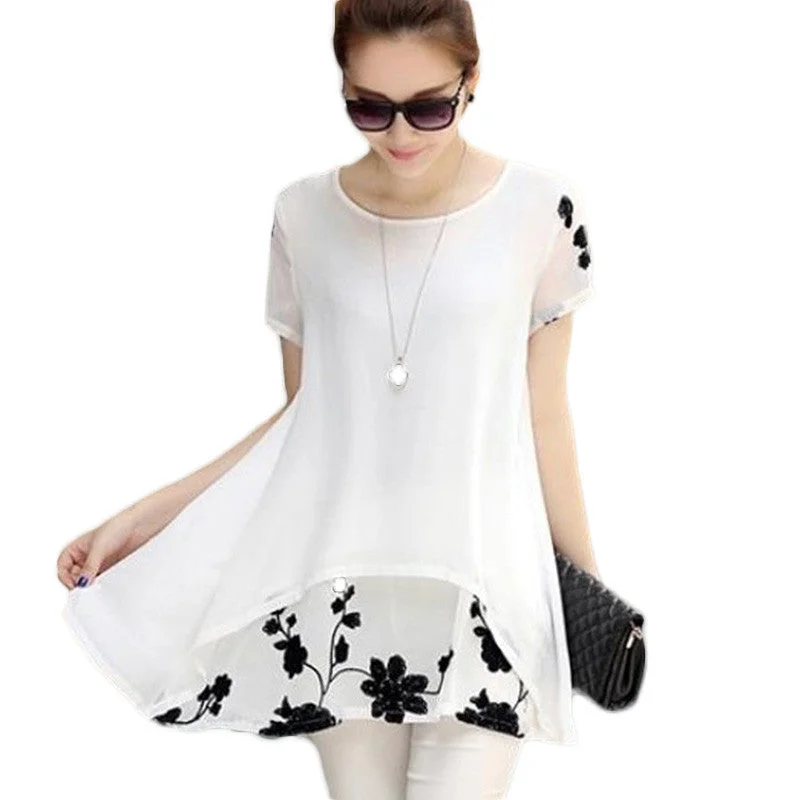 Plus Size 5XL Chiffon Blouse Women Clothing Loose Short Sleeve Embroidery Flower Print Patchwork Tops D53558 Soft Modal Blouse Plus Size 5XL Chiffon Blouse Women Clothing Loose Short Sleeve Embroidery Flower Print Patchwork Tops D53558 Soft Modal Blouse