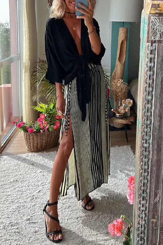 Women Fashion Casual Summer Vacation Knotted Blouse And Striped Slit Pants Set Chic Wrap Blouse Women Fashion Casual Summer Vacation Knotted Blouse And Striped Slit Pants Set Chic Wrap Blouse