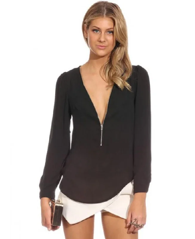 Solid Deep Zipper V Neck Long Sleeve Casual Chiffon Women Blouse 5XL 6XL Flowy Bohemian Blouse Solid Deep Zipper V Neck Long Sleeve Casual Chiffon Women Blouse 5XL 6XL Flowy Bohemian Blouse