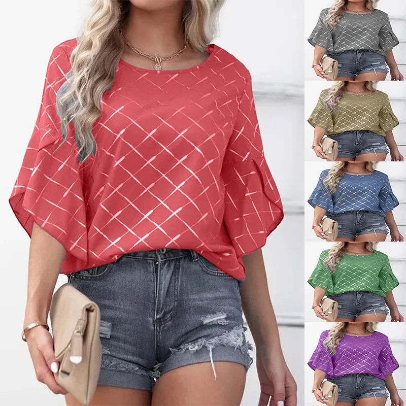 Summer Casual Women Loose Ruffled Sleeve Round Neck Blouse Ruffled Neck Blouse