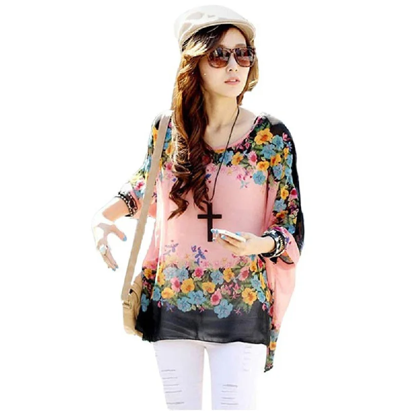 Fashion Women Blouses Bohemia Print Batwing Chiffon Blouse Relaxed Fit Blouse
