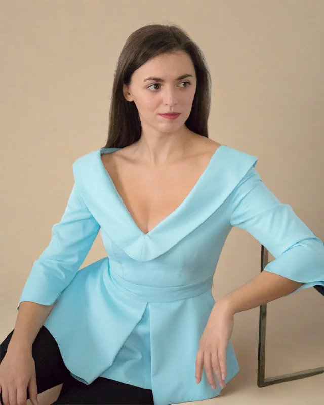 Elisa Pastel Blue Peplum Off-Shoulder Blouse Cotton Casual Blouse