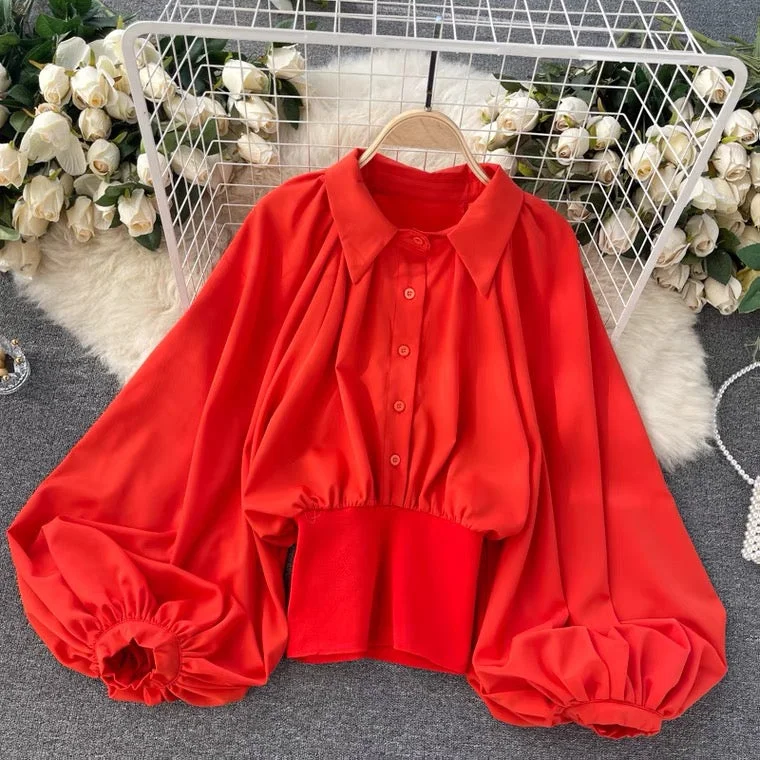 waist short blouse, lantern sleeve top,long sleeve fashion blouse Ruffled Neck Blouse