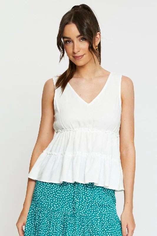 White Peplum Blouse Sleeveless V-Neck Floral Print Blouse