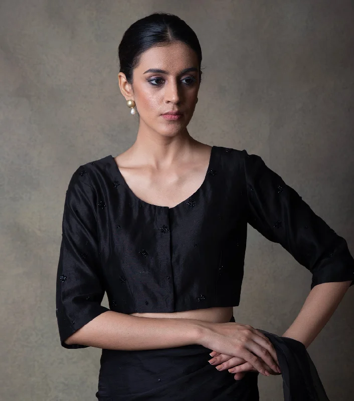 Black Hand Embroidered Chanderi Blouse Soft Knit Blouse