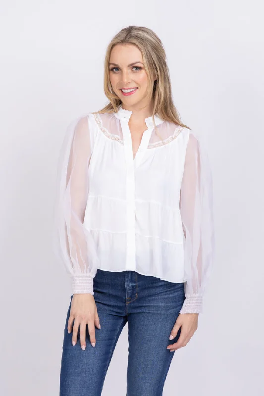 Alice + Olivia Jaclyn Gathered Smocked Blouson Sleeve Blouse in White Smart Business Blouse Alice + Olivia Jaclyn Gathered Smocked Blouson Sleeve Blouse in White Smart Business Blouse