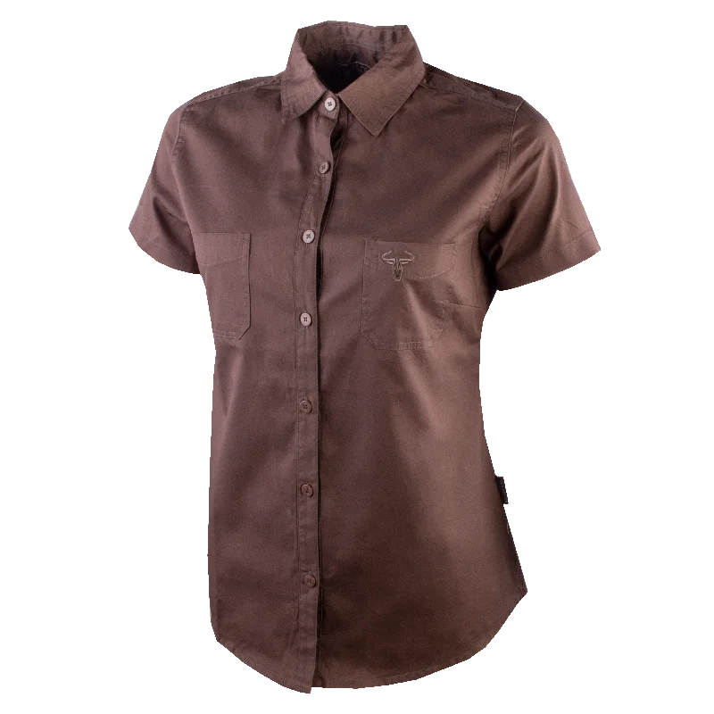 Wildebees Ladies Casual Short Sleeve Plain Pocket Blouse Taupe Embroidered Floral Blouse