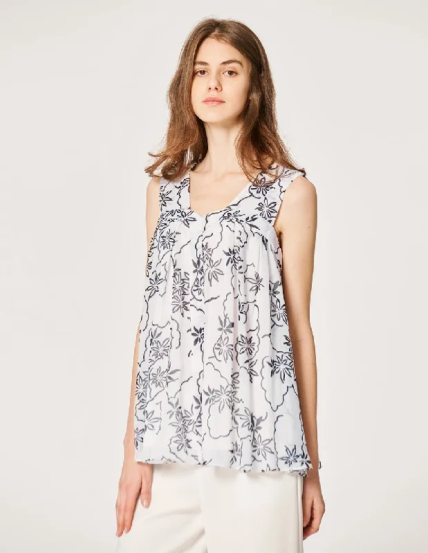 MARYLING Chiffon Toile Floral Pattern V Neck A-Line Blouse Boho Chic Blouse