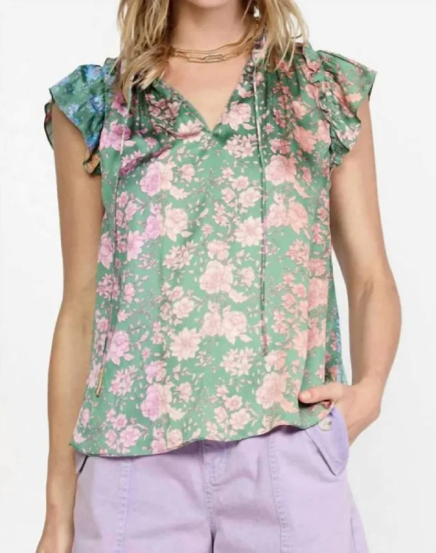 Floral Color Block Printed Blouse In Floral Green Multi Lightweight Floral Blouse