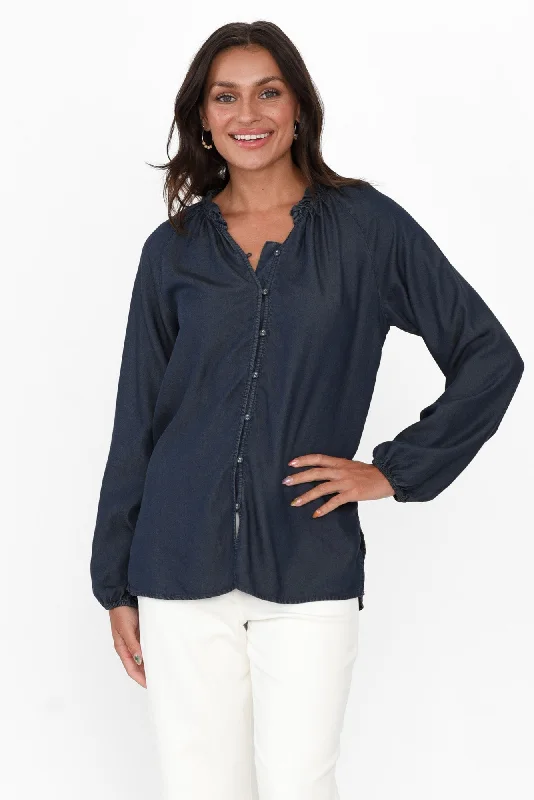 Drew Blue Denim Button Blouse Elegant Semi-Sheer Blouse