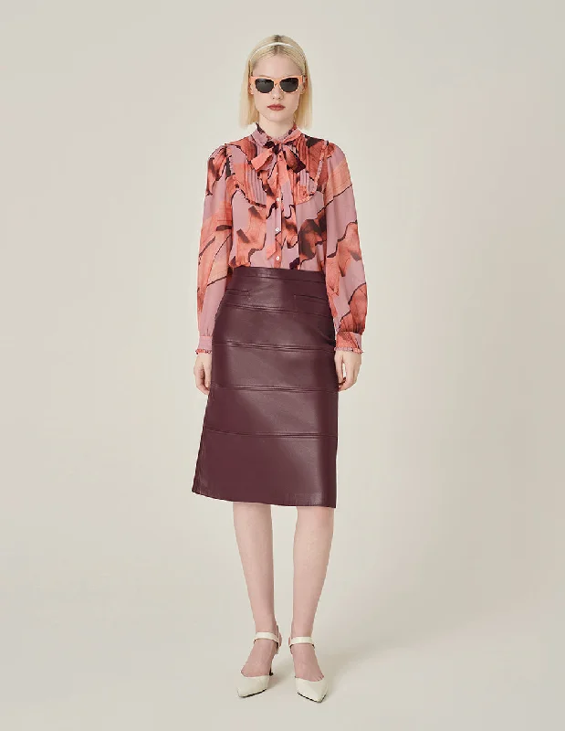 MARYLING Stand Collar Long-sleeve Printed Pink Blouse Relaxed Fit Blouse