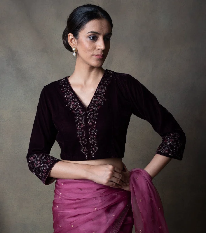 Plum Embroidered Velvet Blouse Floral Chiffon Blouse