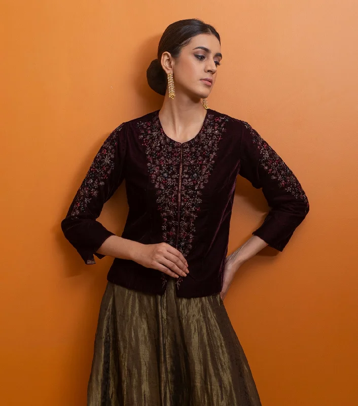 Plum Hand Embroidered Velvet Blouse Side Tie Blouse