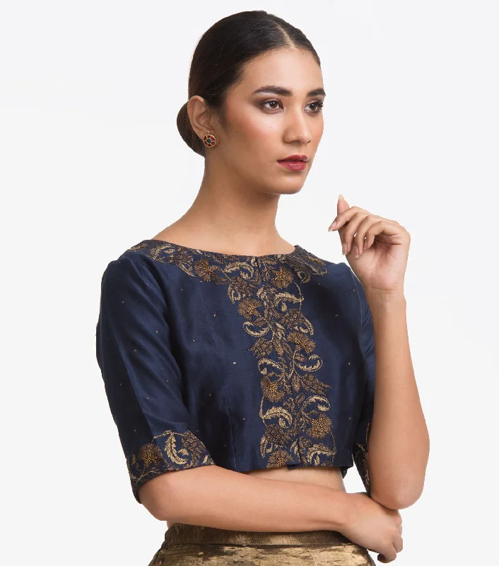 Navy blue Embroidered Chanderi Blouse Vintage Lace Blouse