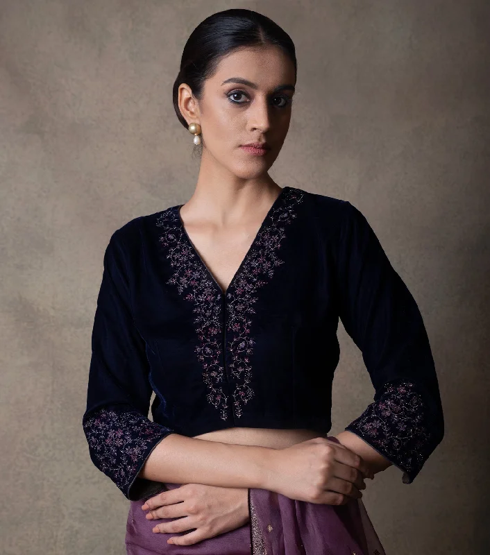 Navy Blue Embroidered Velvet Blouse Modern Oversized Blouse
