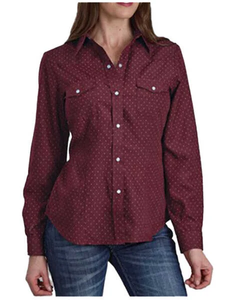 Roper Women's Dotted Print Long Sleeved Pearl Snap Western Shirt-- Mesh Blend Leather Blend Suede Blend Roper Women's Dotted Print Long Sleeved Pearl Snap Western Shirt-- Mesh Blend Leather Blend Suede Blend