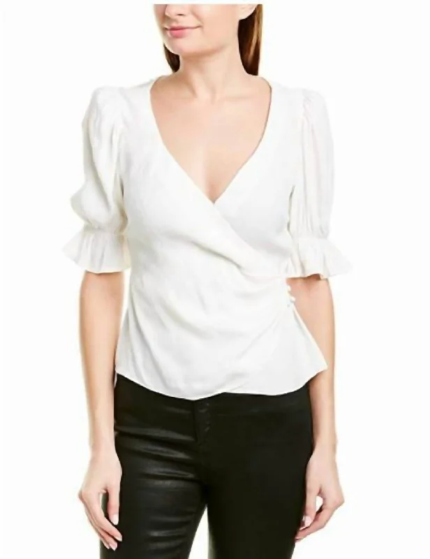 Theo Jacquard Wrap V Neck Blouse In White Floral Print Blouse