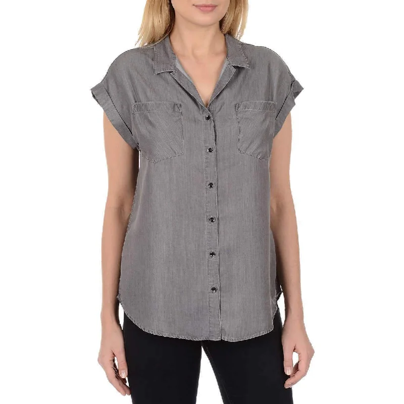 Jachs Girlfriend Grey Quinn Cap Sleeve Light Denim Chambray Womens Blouse Double Button Blouse