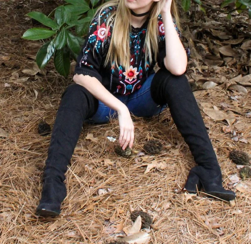 Embroidery Blouse In Black Elegant Silk Blouse