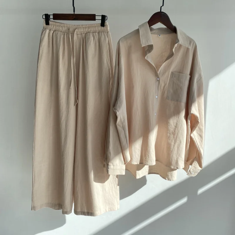 Women Casual Solid Color Linen Cotton Long Sleeve Blouse And Wide Leg Pants Set Bell Sleeve Blouse Women Casual Solid Color Linen Cotton Long Sleeve Blouse And Wide Leg Pants Set Bell Sleeve Blouse