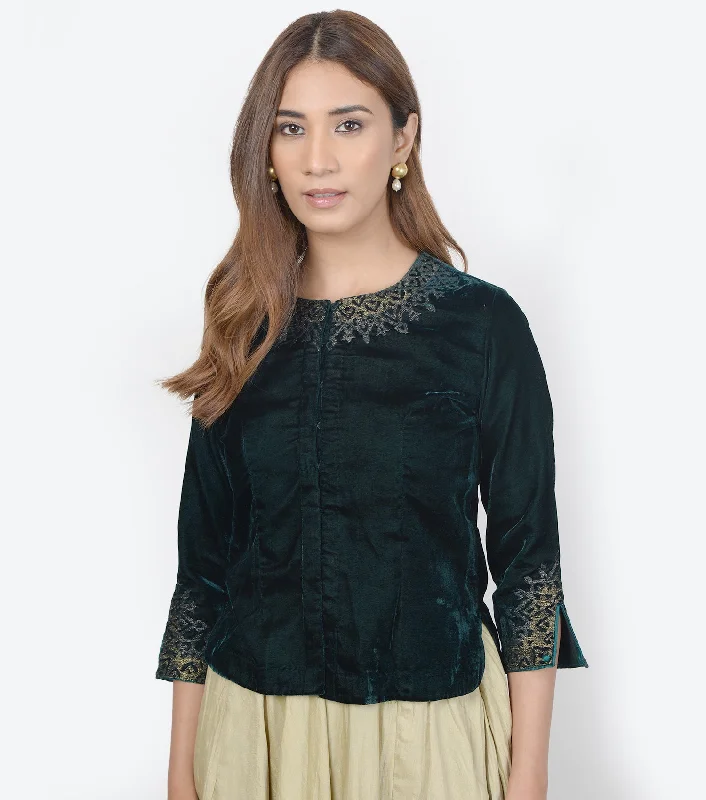 Emerald Green embroidered velvet blouse Collared Satin Blouse