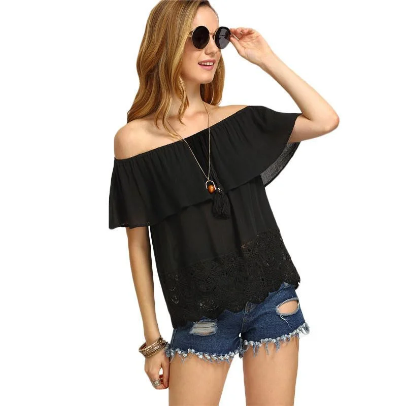 Womens Tops and Blouses For Fashion Plain Black Short Sleeve Off The Shoulder Tassel Blouse Sleeveless Chiffon Blouse