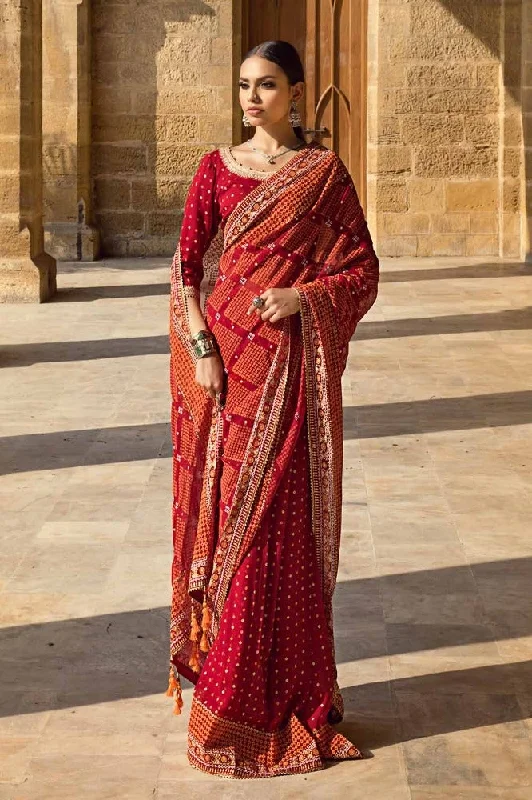 Gul Ahmed 3PC Embroidered Gold and Lacquer Printed Chiffon Unstitched Saree with Raw Silk Blouse PRS-42004 Feminine Puff Blouse