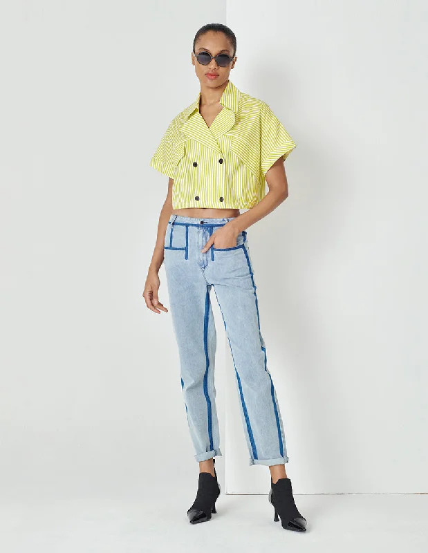MARYLING Yellow And White Striped Lapel Blouse Delicate Pleat Blouse