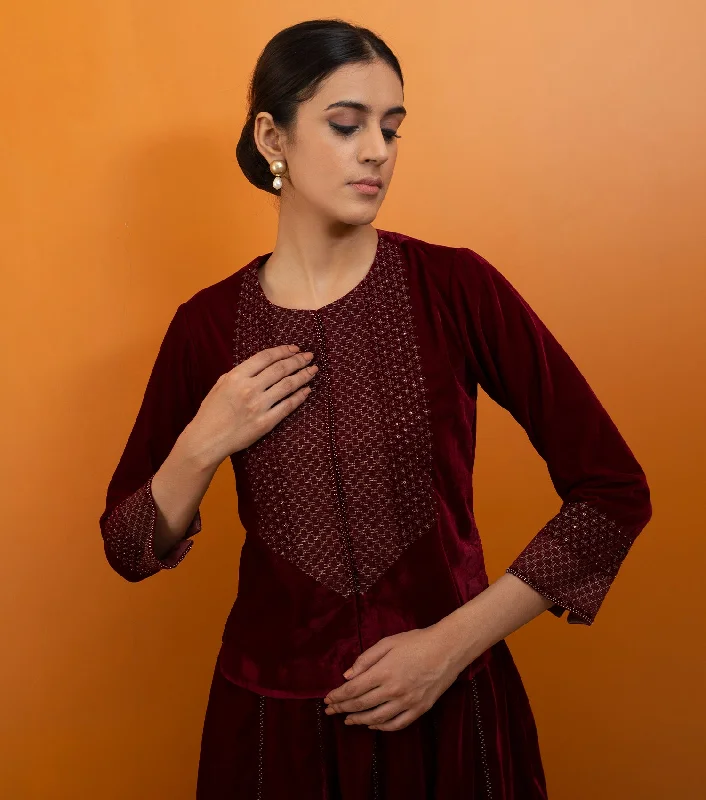 Maroon Hand Embroidered Velvet Blouse Embroidered Cotton Blouse