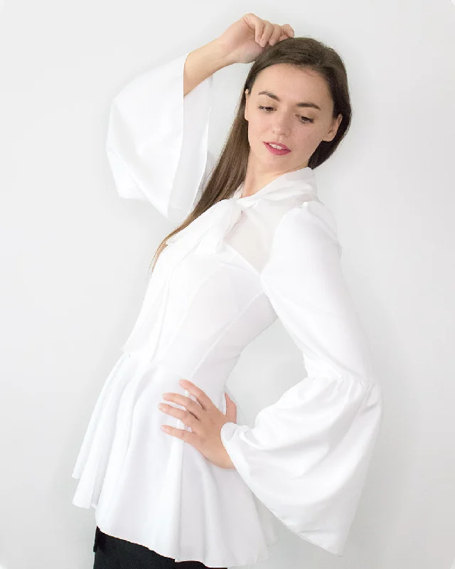 Loris White Peplum Blouse with Bell Sleeves Slim Fit Blouse