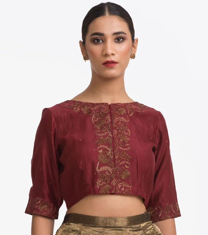 Maroon Embroidered Chanderi Blouse Lightweight Chiffon Blouse