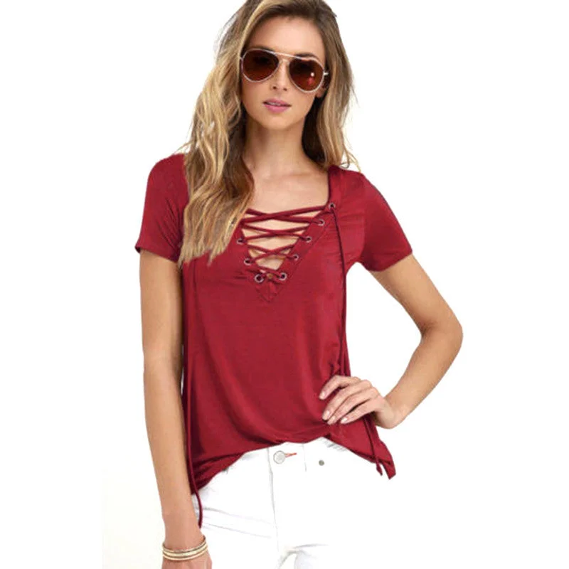 Summer Fashion Women T-shirts Short Sleeve Sexy Deep V Neck Bandage Shirts Women Lace Up Tops Tees T Shirt plus size LJ3422M-- Fitted T-Shirt Seamless Stretchy Summer Fashion Women T-shirts Short Sleeve Sexy Deep V Neck Bandage Shirts Women Lace Up Tops Tees T Shirt plus size LJ3422M-- Fitted T-Shirt Seamless Stretchy