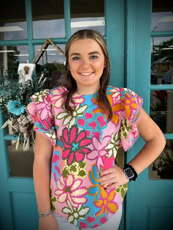 Multicolor Vibrant Floral Print Ruffle Sleeve Blouse Balloon Sleeve Blouse