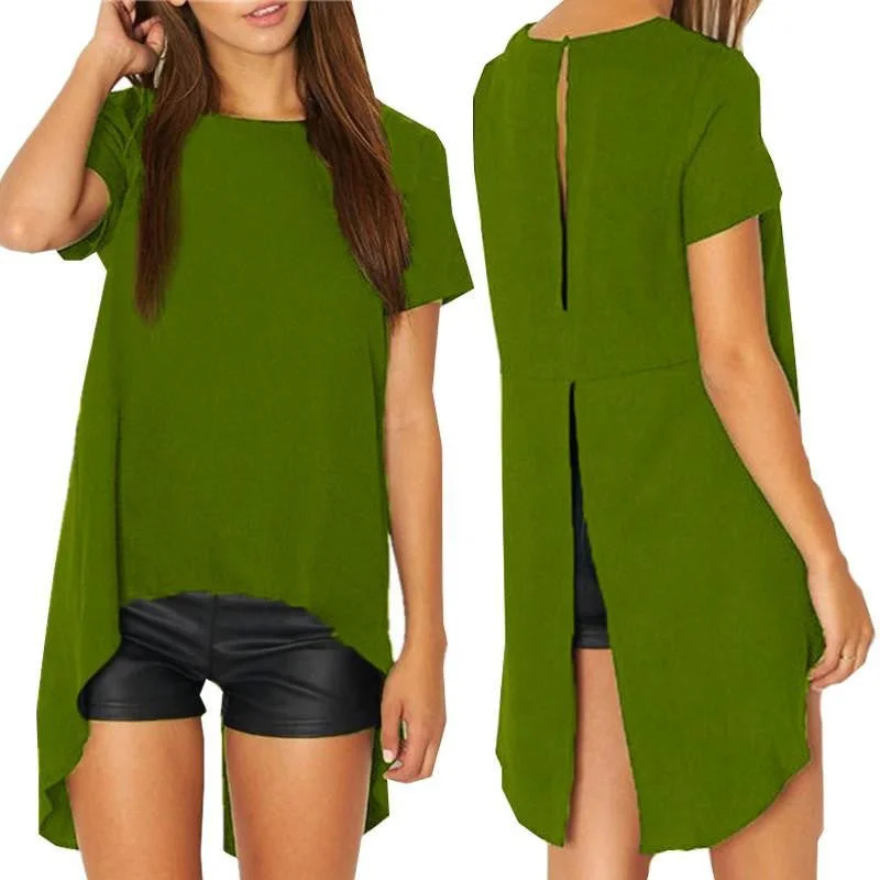 Women Blouses Chiffon Split Backless Short Sleeve Ladies Loose Irregular Hem Casual Tops Tee Plus Size Oversized Silk Blouse Women Blouses Chiffon Split Backless Short Sleeve Ladies Loose Irregular Hem Casual Tops Tee Plus Size Oversized Silk Blouse