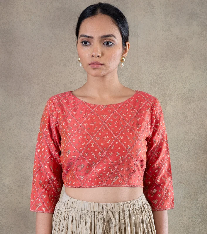 Coral embroidered Chanderi Blouse Silky Draped Blouse
