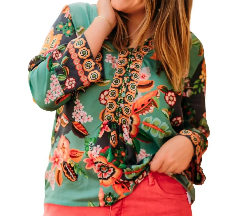 Botina Blouse In Clarkwood Teal Cotton Casual Blouse