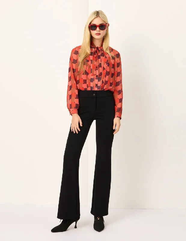 MARYLING Red Houndstooth V-Neck Tie-Front Blouse Gathered Detail Blouse