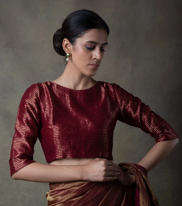 Maroon Golden Striped Tissue Blouse Feminine Satin Blouse