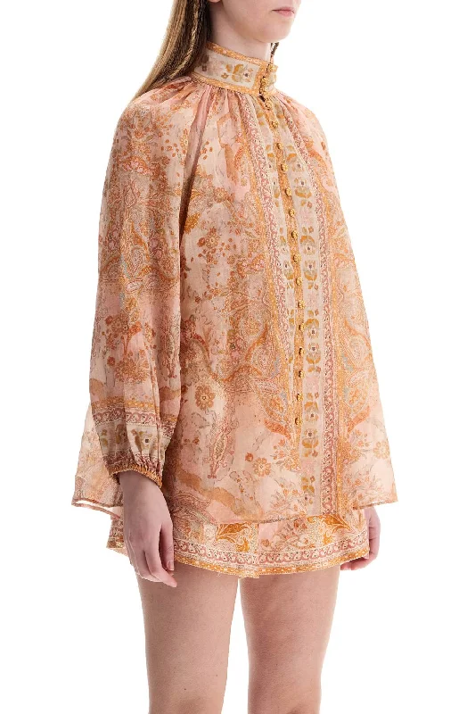 Zimmermann Cream And Pink High Neck Paisley Blouse In Rayon With Long Sleeves Satin Bow Blouse