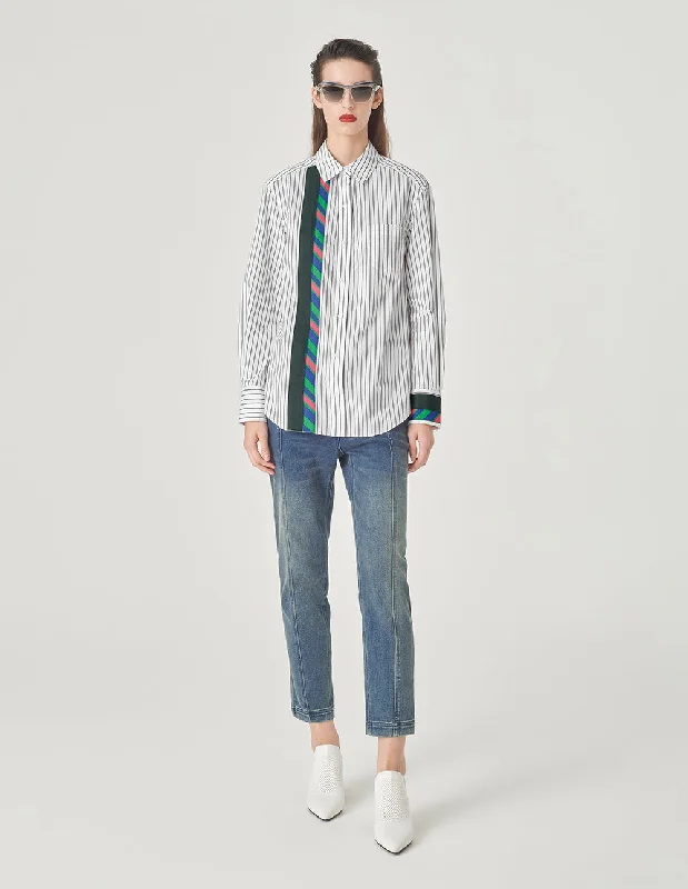 MARYLING Pinstriped Colorful Webbing Cotton Blouse Asymmetric Hem Blouse