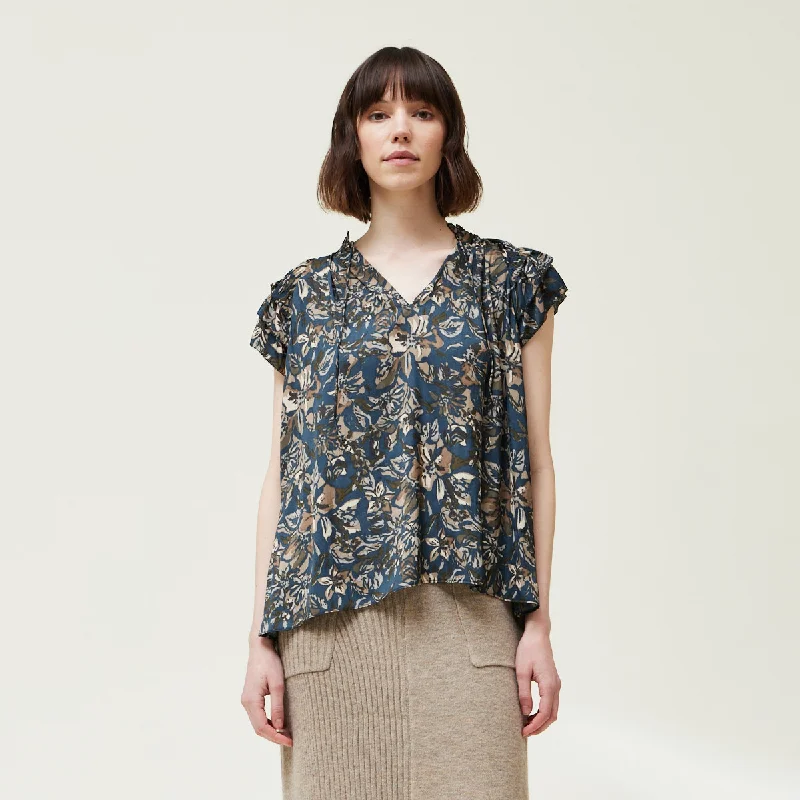 Grade and Gather - Printed Ruffle Sleeve Blouse - Dark Steel Casual Stripe Blouse