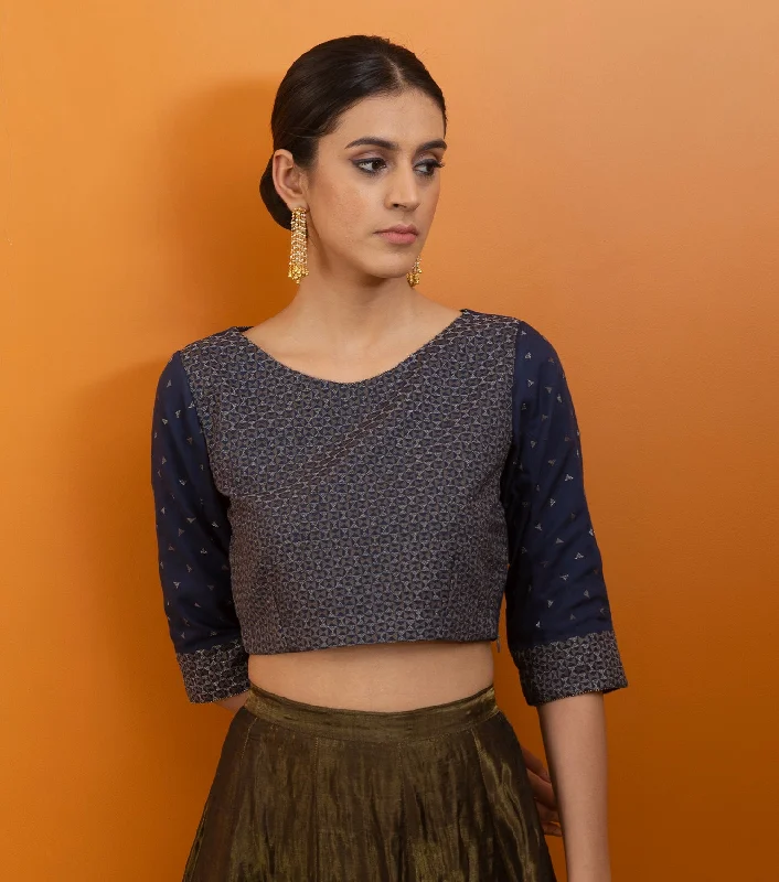 Navy Blue Embroidered Cotton Silk Blouse Short Sleeve Blouse