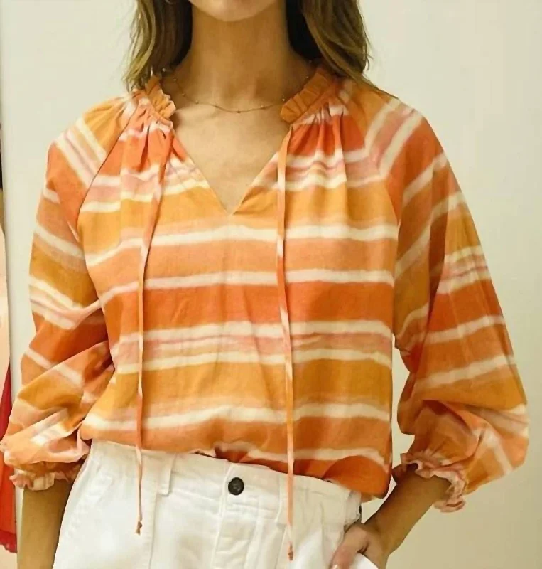 Split Neck Blouse In Orange Stripe Embellished Collar Blouse