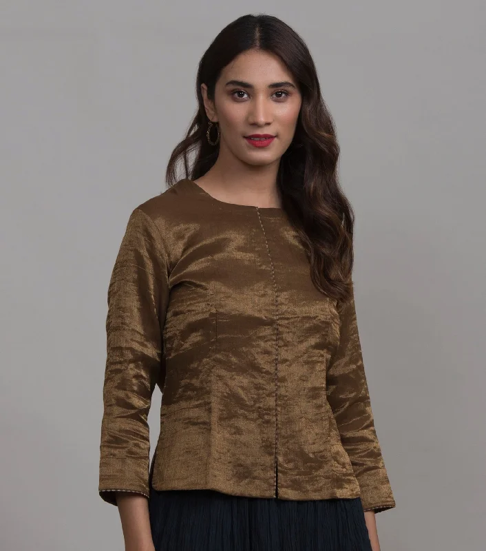 Copper tissue blouse Ruched Sleeve Blouse