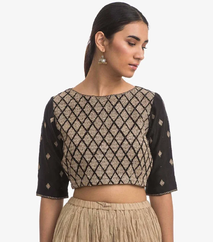 Black embroidered silk chanderi blouse Business Casual Blouse