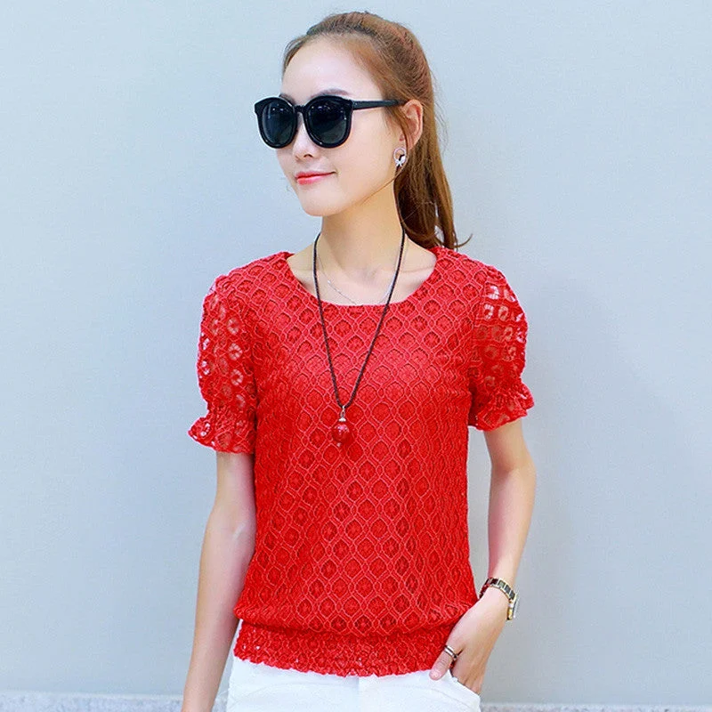 Women Lace tops Fashion short sleved Loose women blouses Hollow out women tops plus size women clothing Elegant Peplum Blouse